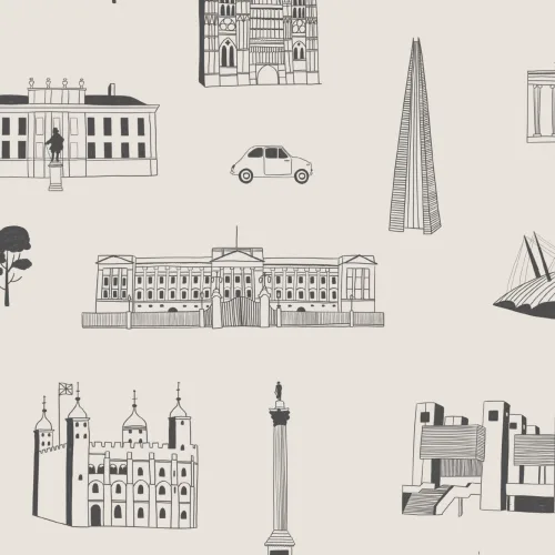 London City Landmarks Gråt og hvidt gentagelsesmønster Tapet
