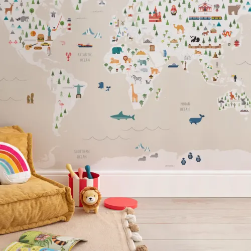 Mural de papel de parede encantador do mapa das crianças em creme