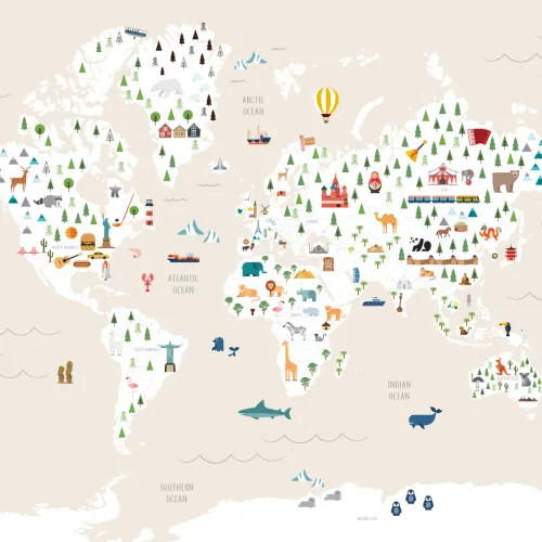 Mural de papel de parede encantador do mapa das crianças em creme