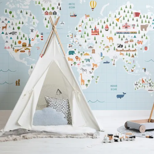 Papel de parede de papel de grelha azul dos desenhos animados do mapa do mundo Mural