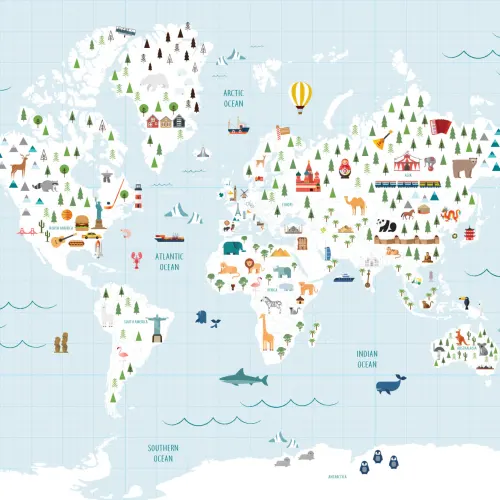 Papel de parede de papel de grelha azul dos desenhos animados do mapa do mundo Mural