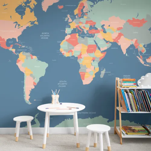 Mural de parede do mapa-mundo azul
