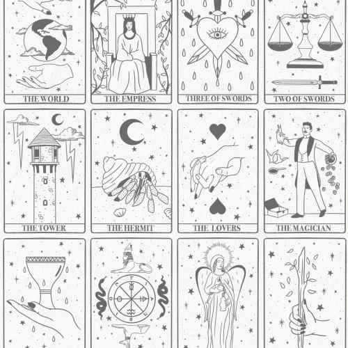 Mural Papel Pintado Blanco y Negro con Dibujos de Cartas de Tarot