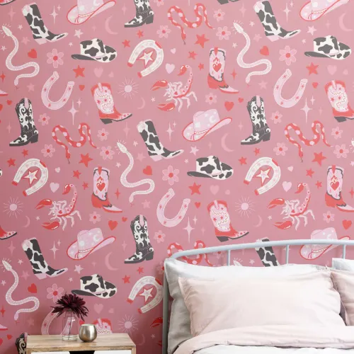 Dark Pink Western Motif Wallpaper