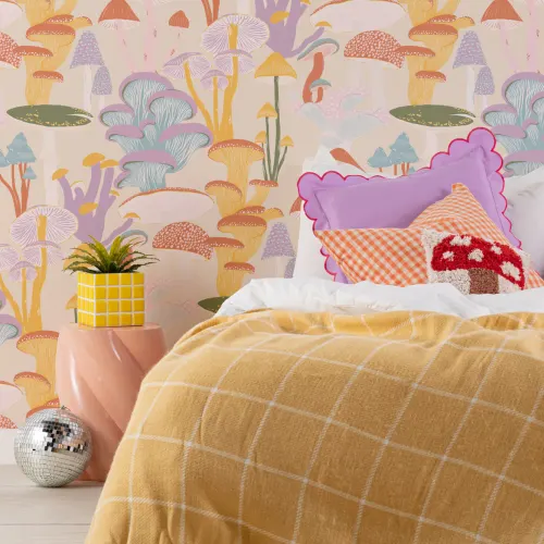 Bright Multicolor Hand Drawn Mushrooms on Beige Wallpaper