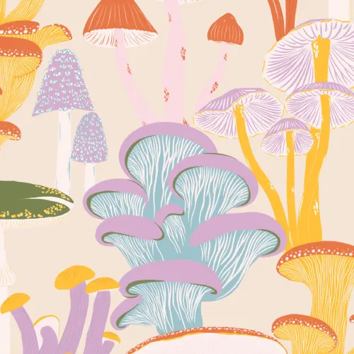 Bright Multicolor Hand Drawn Mushrooms on Beige Wallpaper