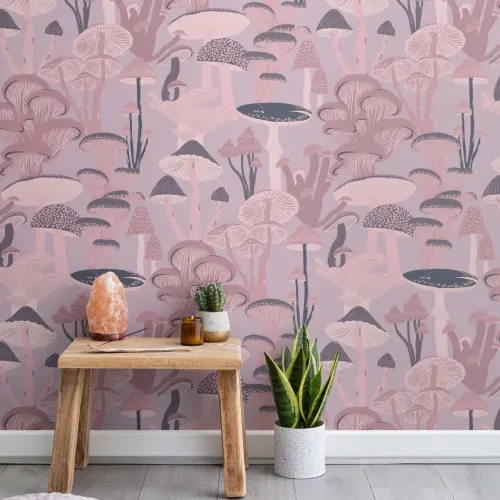 Pink Hand Drawn Mushrooms on Purple Wallpaper