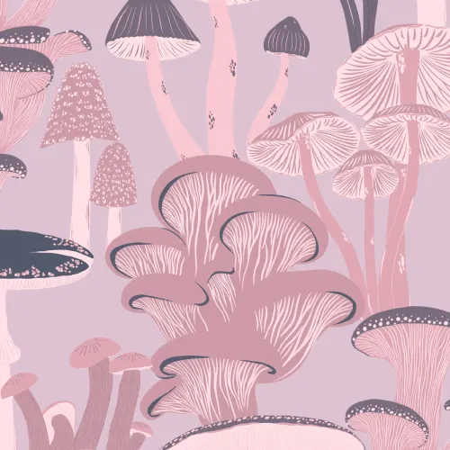 Pink Hand Drawn Mushrooms on Purple Wallpaper