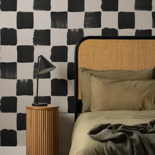 Black Beige Checkered Geometric Pattern Wallpaper