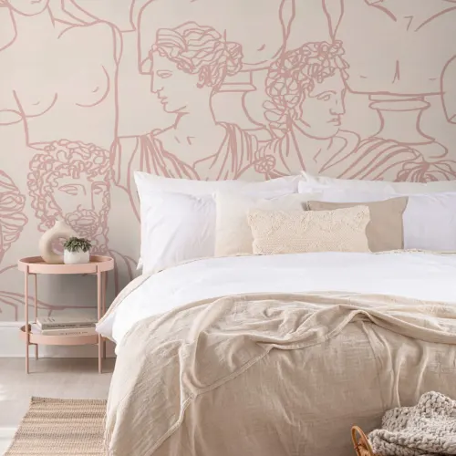 Dusty Pink Line Drawing Greek God Statue Pattern Wallpaper Mural