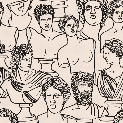 Carta da Parati Greca con Statue degli Dei a Contorni Neri