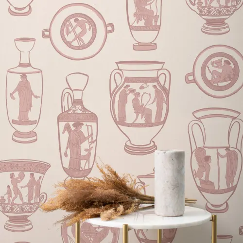 Dusty Pink Ancient Greek Pottery Pattern Wallpaper Mural