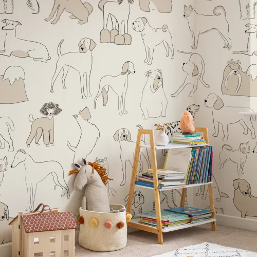 Neutral Bulldog & Sausage Dog Pattern Pet Wallpaper Vægmaleri
