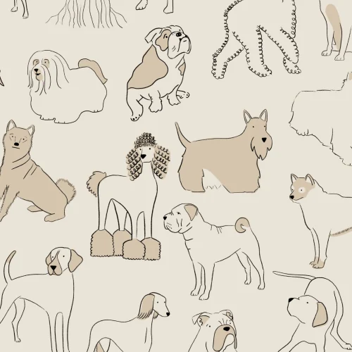 Neutral Bulldog & Sausage Dog Pattern Pet Wallpaper Vægmaleri