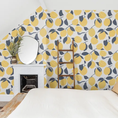 Papier Peint Motif Citron Jaune sur Fond Clair