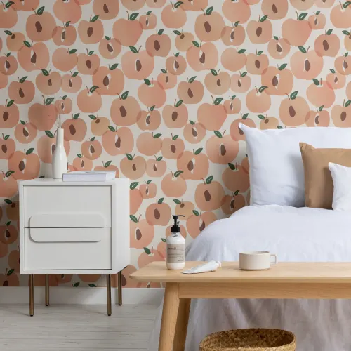 Papel Pintado Naranja y Blanco de Tema de Frutas con Estampado de Melocotón Ilustrado