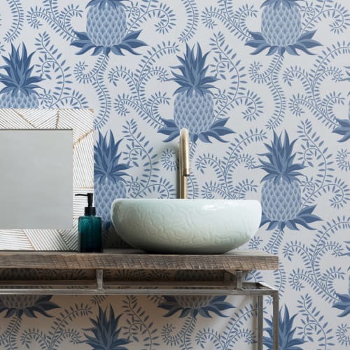 Blue Vintage Pineapple Repeat Pattern Wallpaper
