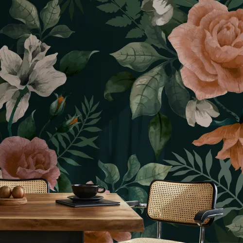 Mural de papel de parede floral verde escuro e cor-de-rosa