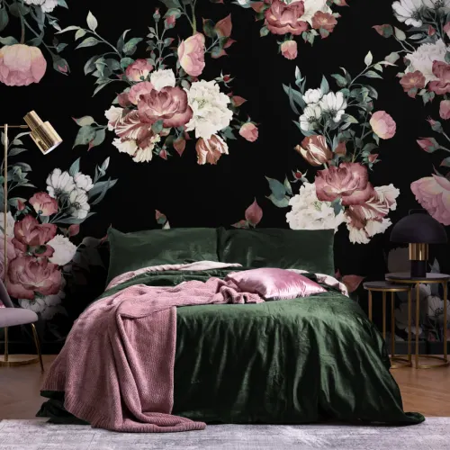 Vintage Pink, Cream & Black Floral Wallpaper Mural