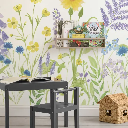 Bright Lilac & Green Watercolor Wildflower Wallpaper Mural