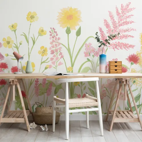 Bright Pink & Green Watercolor Wildflower Wallpaper Mural