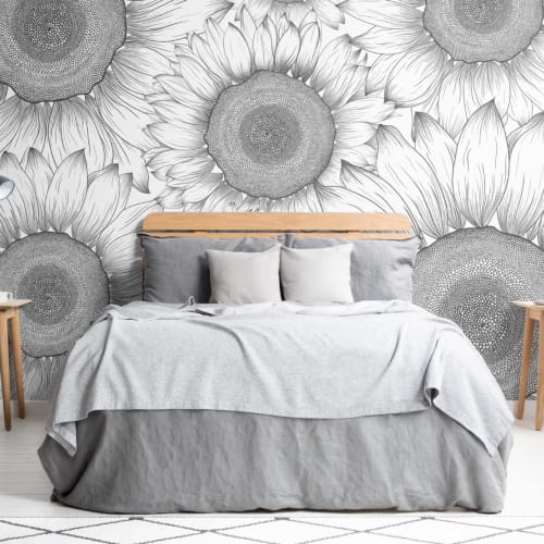 Black & White Illustrated Sunflower Floral Wallpaper Mural