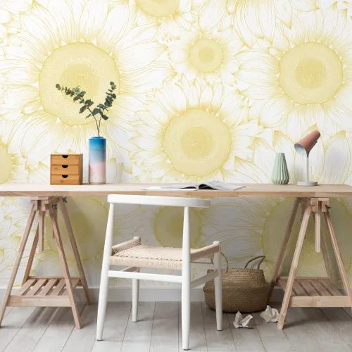 Yellow Sunflower Etch Floral Wallpaper Mural
