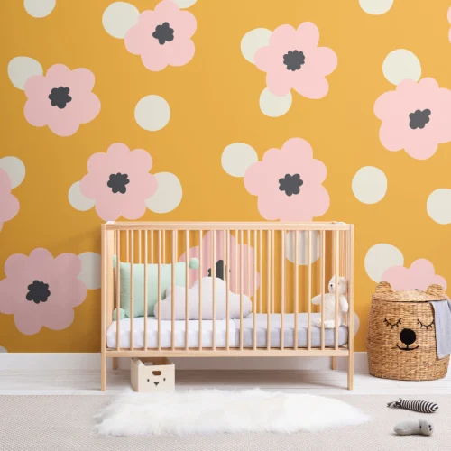 Yellow Polka Dot Retro Daisy Floral Wallpaper Mural