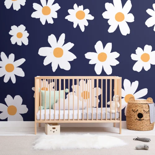 Blue & White Retro Daisy Floral Wallpaper Mural