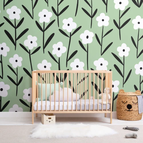 Mural de Papel de Parede Floral Retro Branco & Verde
