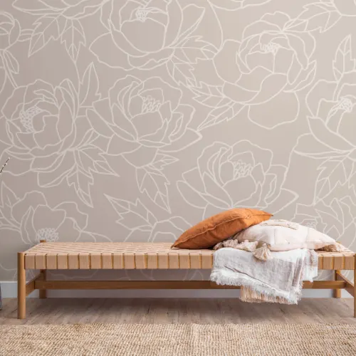 Neutral Line Drawing Floral Pattern Wallpaper Mural