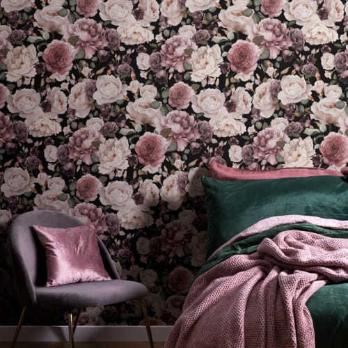Pink & Purple Dark Floral Repeat Pattern Wallpaper