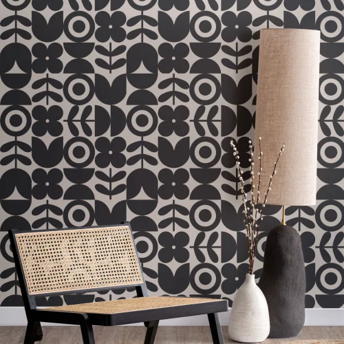 Black Geometric Retro Flower Repeat Pattern Wallpaper