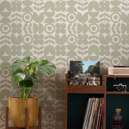 Papier Peint Rétro Vert à Motifs Géométriques et Fleuris