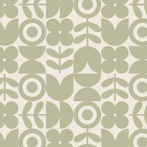 Papier Peint Rétro Vert à Motifs Géométriques et Fleuris