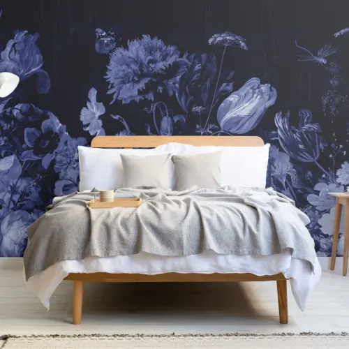 Blue Delft Dark Floral Art Painting Wallpaper Mural