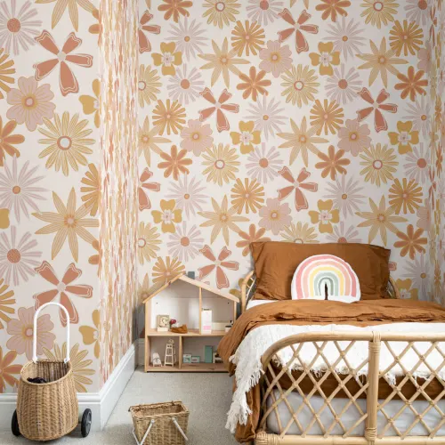 Orange retro 70'er blomstermønster med gentagelser Tapet