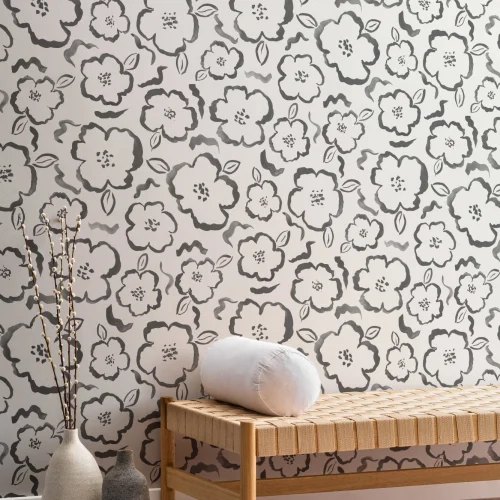 Zwart en Wit Verf Abstract Bloemen Herhaal Patroon Behang