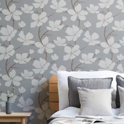 Gray and White Illustrated Blossom Repeat Pattern Wallpaper