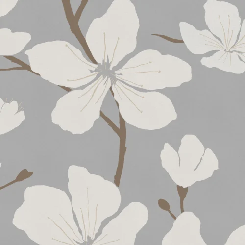 Gray and White Illustrated Blossom Repeat Pattern Wallpaper