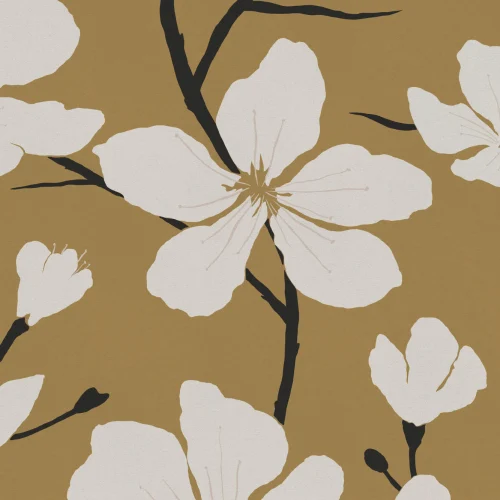 Tapet med hvit og sennep illustrert blomstrende repetisjonsmønster