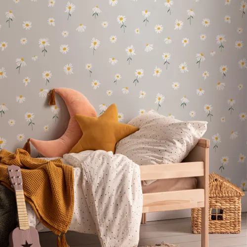 Ljusgrå målad Daisy Repeat Pattern Wallpaper