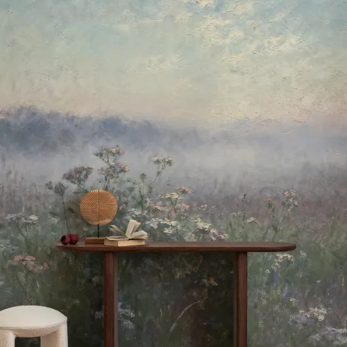 Blue Tranquil Meadow Atmospheric Nature Art Mural