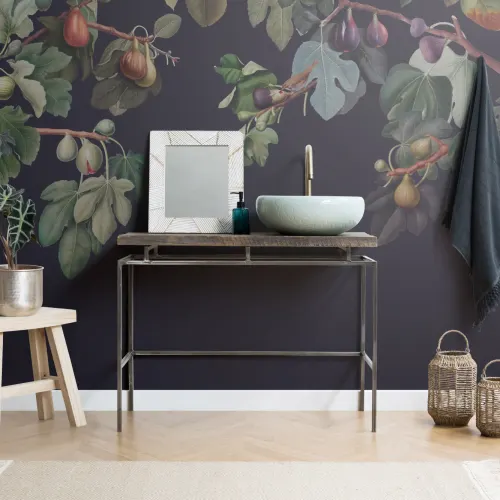 Mural Papel Pintado Vintage Oscuro con Ilustraciones de Ramas de Higuera