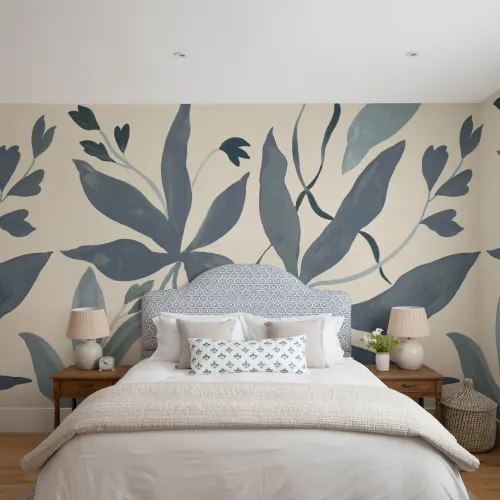 Blue Botanical Elegant Leaf Design Mural