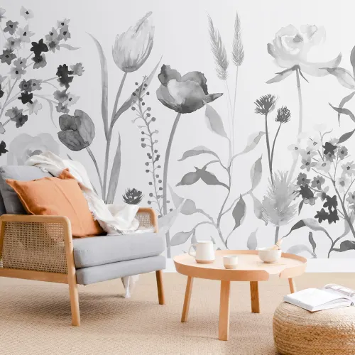 Large Gray Watercolor Flowers Wallpaper Mural