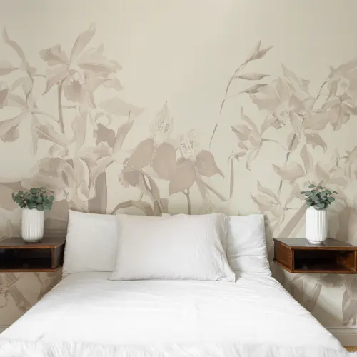 Beżowa elegancka fototapeta w kwiatowy ogród z atmosferą orchidei
