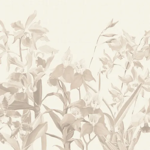 Beżowa elegancka fototapeta w kwiatowy ogród z atmosferą orchidei