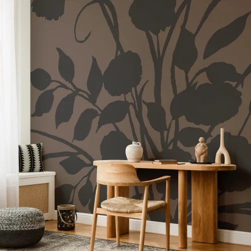 Brown Floral Silhouette Art Vintage Botanical Mural