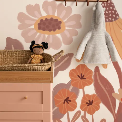 Mural Infantil Naranja Flores Retro Escandinavo